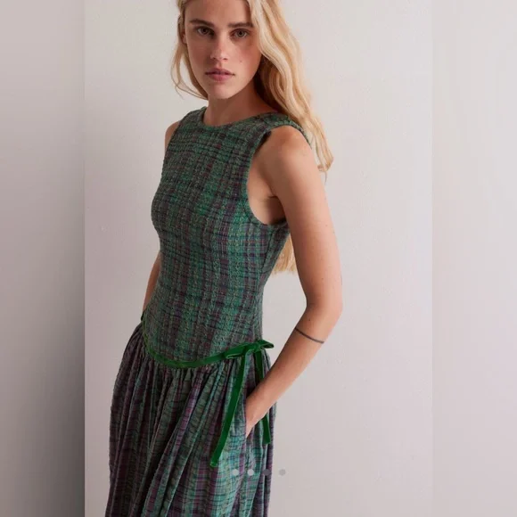 Free People Nightingale Plaid Maxi Dress L Green Purple Smocked Cottagecore - Picture 2 of 8